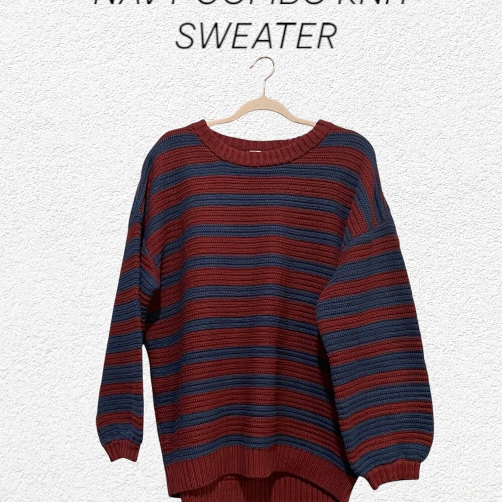 Free People Mulberry Navy Combo Knit Striped Sweater Oversized Size Small
